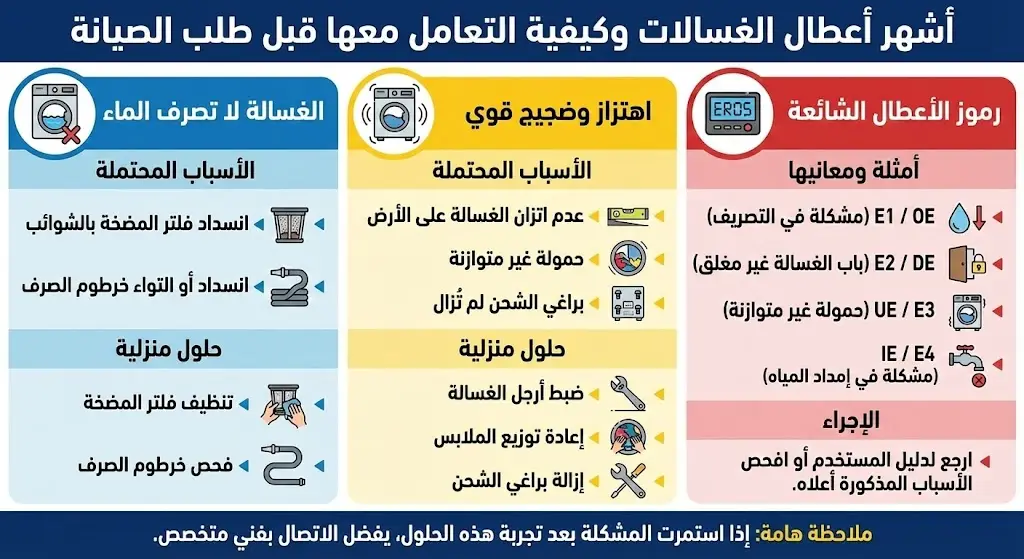 أشهر أعطال الغسالات وكيفية التعامل معها قبل طلب الصيانة